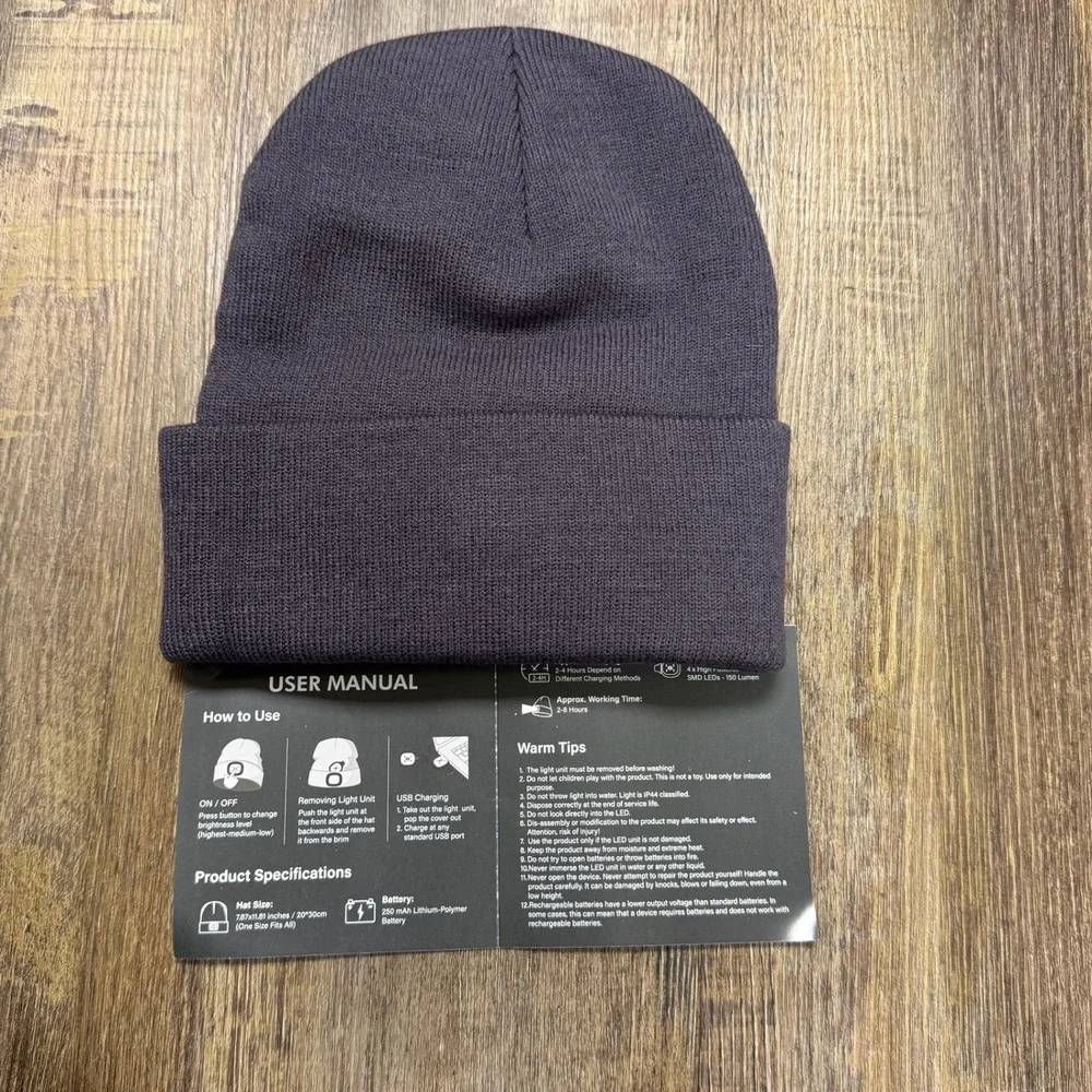 MELASA LED Beanie‎ Hat Rechargeable USB 4x High Powered SMD LEDs 150 Lumen NWOT